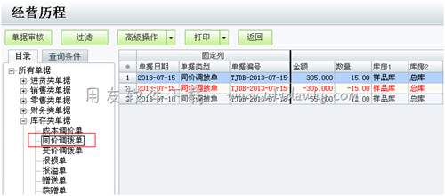 在經(jīng)營歷程中查看同價(jià)調(diào)撥單圖示